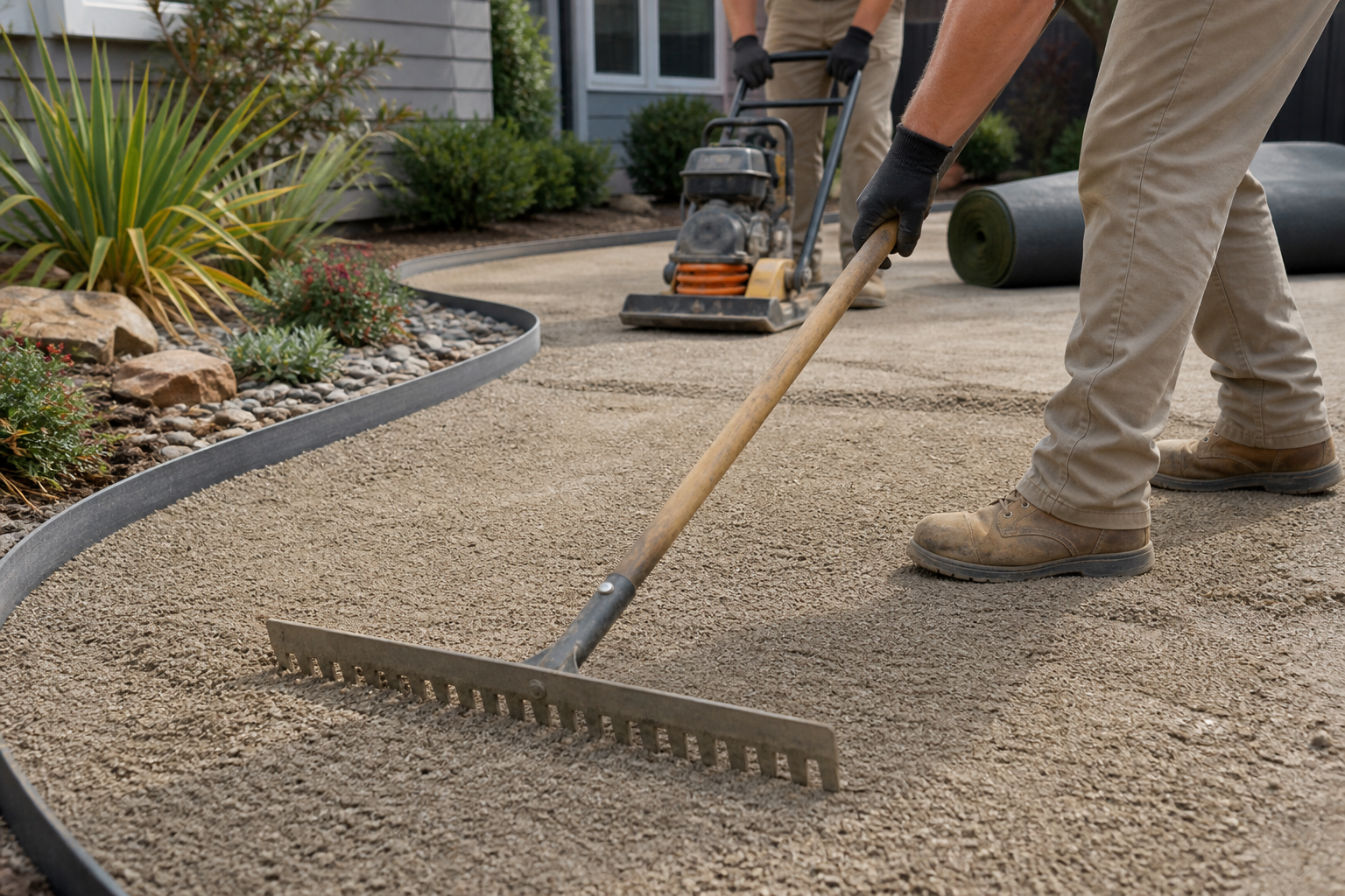 Professional crew preparing a compacted aggregate base for artificial turf installation