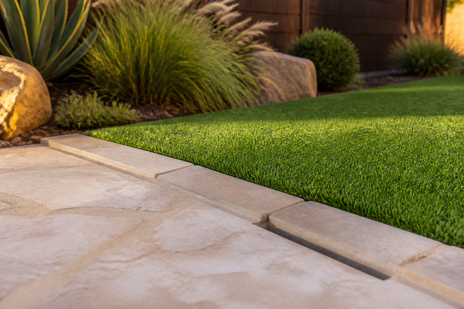 Artificial turf meeting a limestone patio with a crisp professionally finished edge